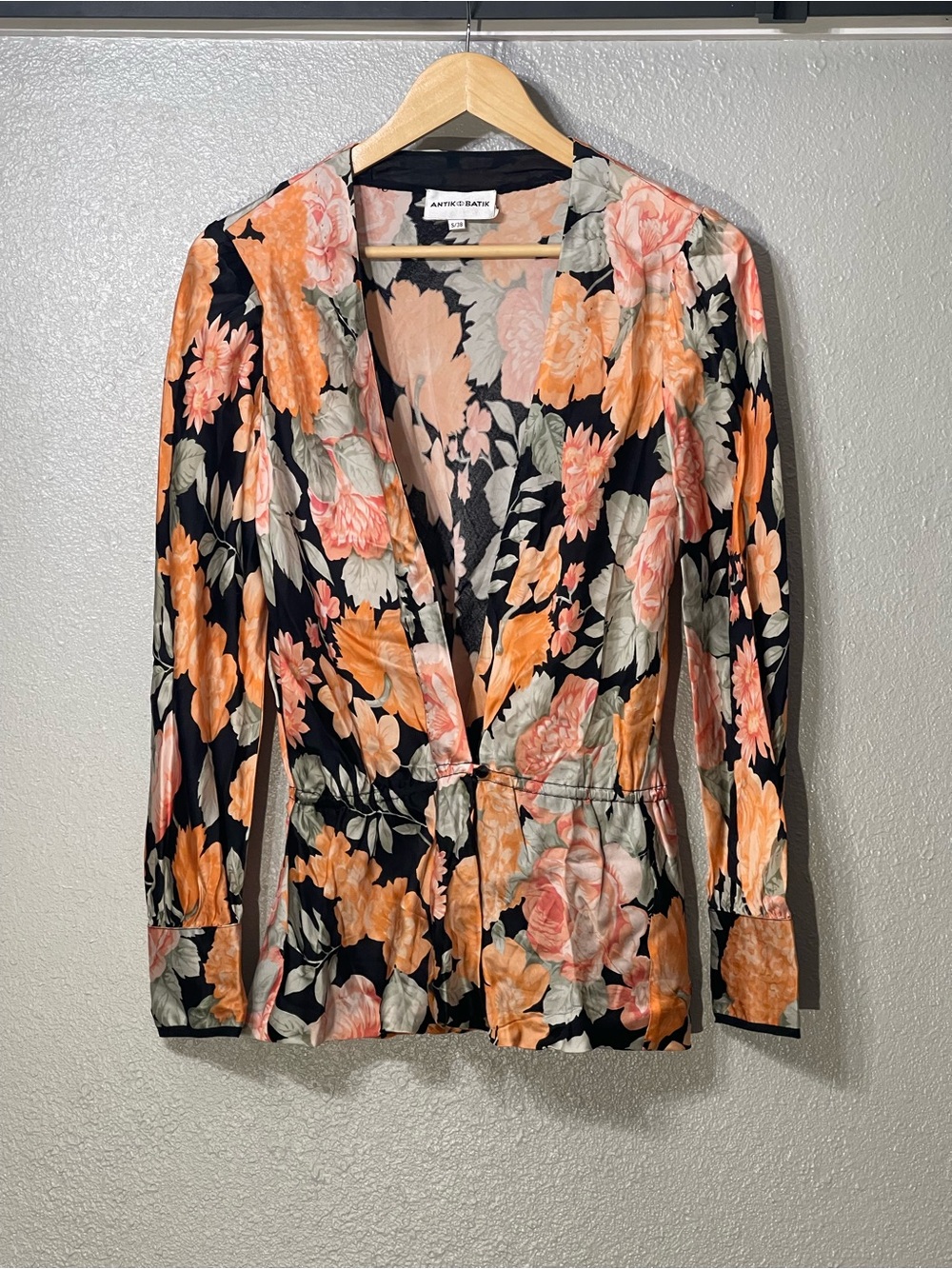 Anti Batik Floral Wrap Top in Black with Peach Bloom -Size S